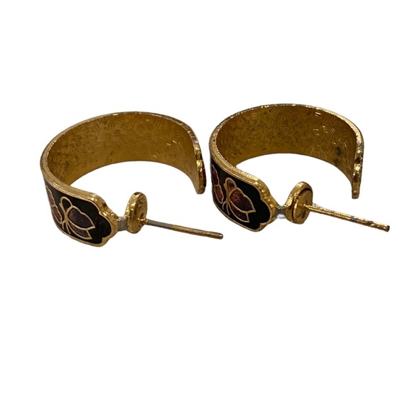 Vintage Black enamel cloisonné flower hoops gold tone - Picture 5 of 5